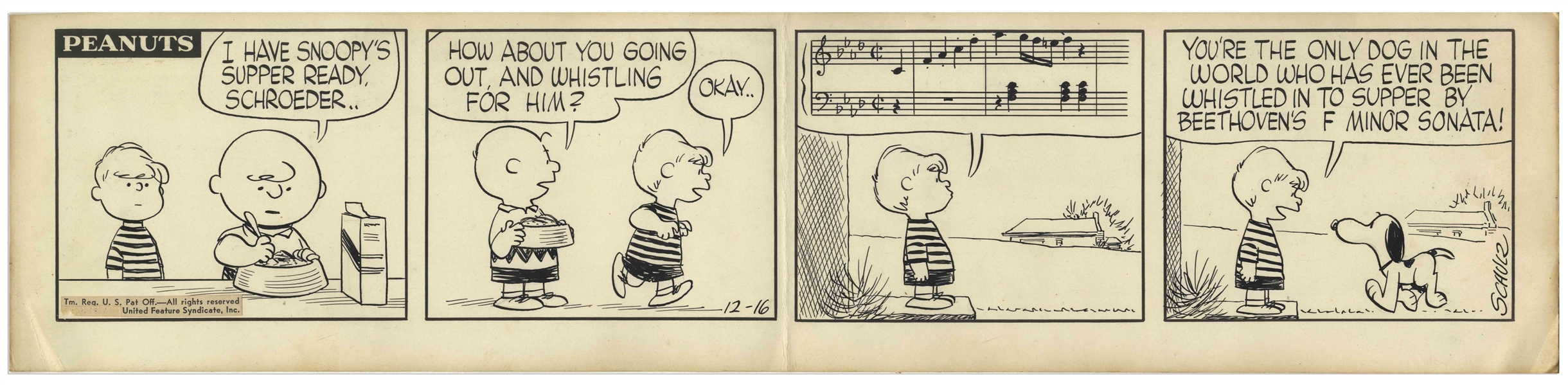 Charles Schulz Original Hand-Drawn ''Peanuts'' Comic Strip -- In This Strip From 1957, Schulz Draws the Score From Beethoven's Piano Sonata No. 1 to Call in Snoopy, Who Trots in on 4 Feet